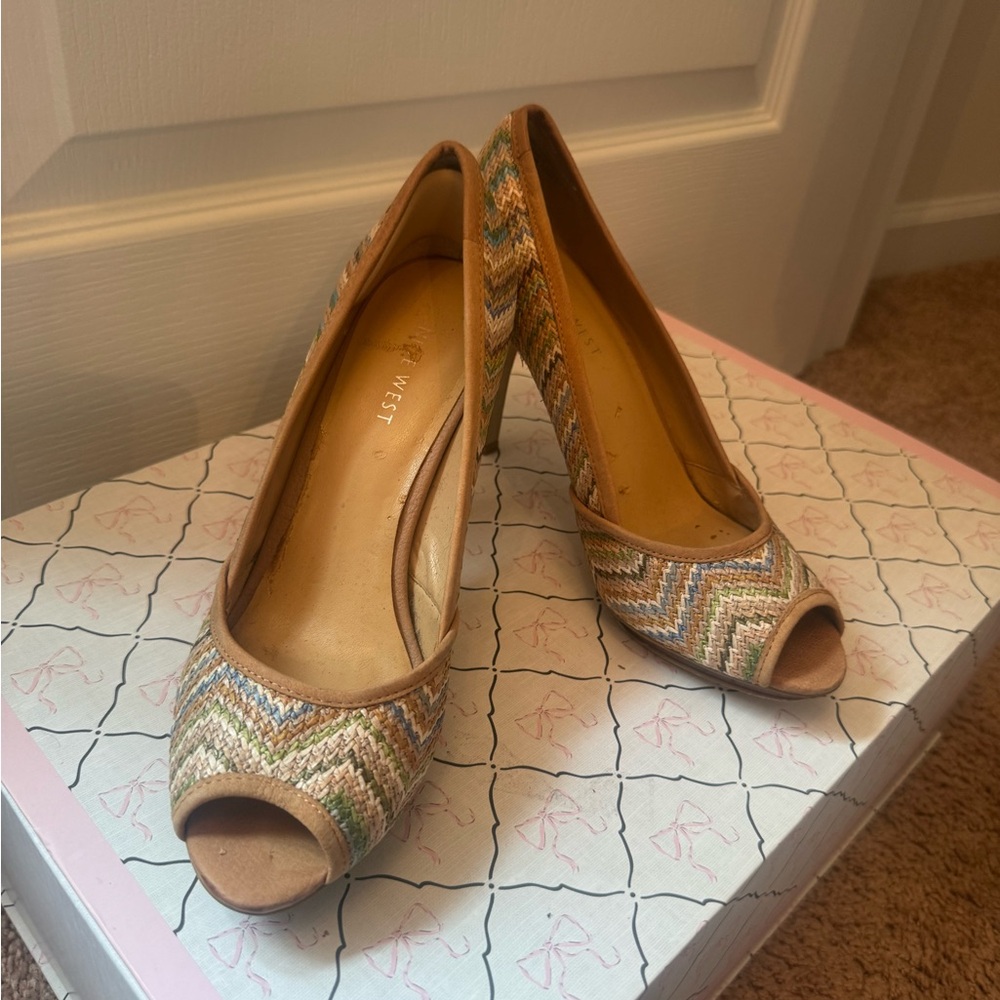 Nine West Tan Multicolor Woven Peep-Toe Heels
